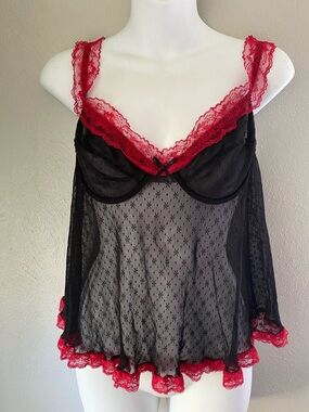Women's Black Sheer Lace Babydoll top with Red Trim